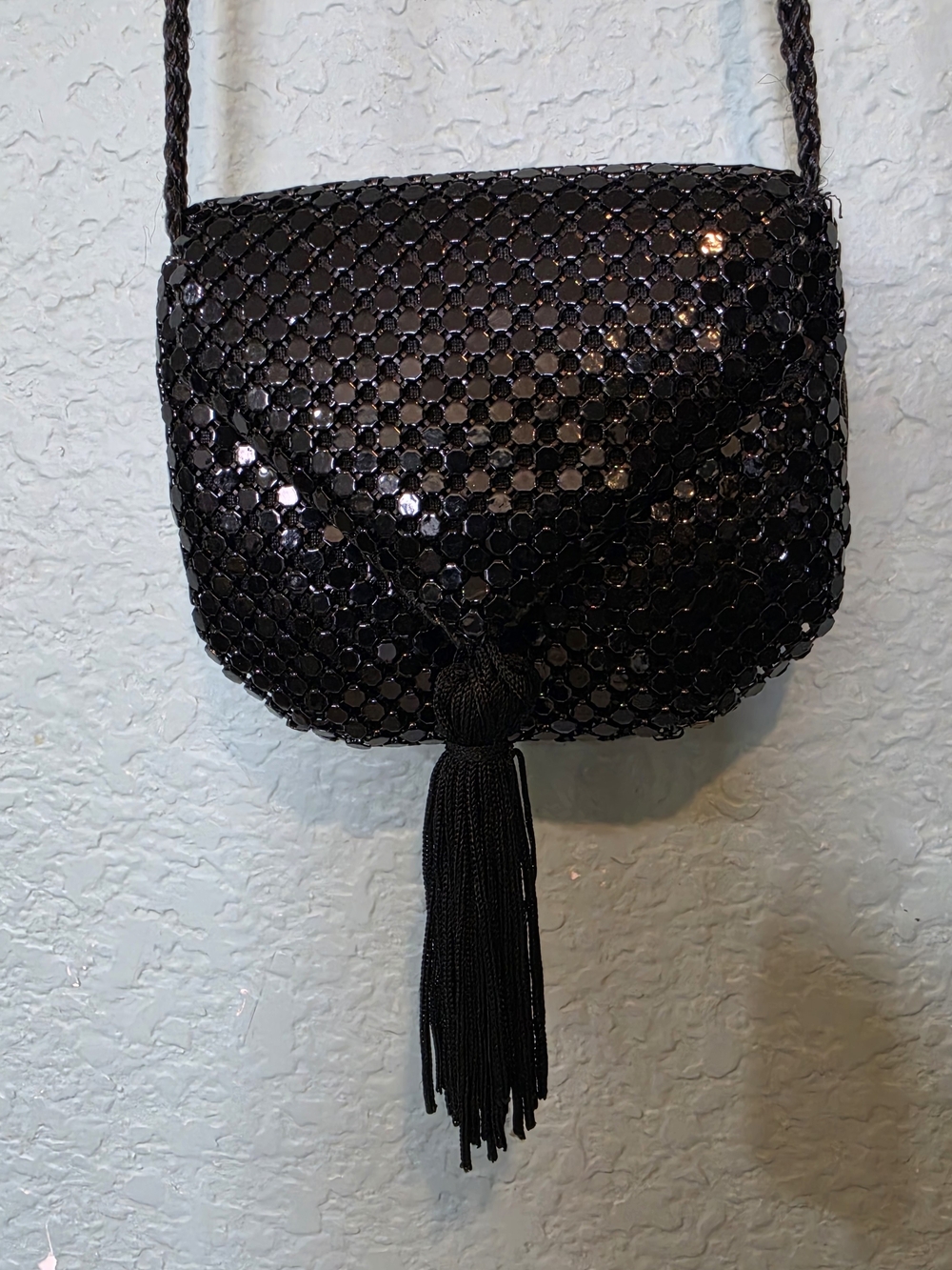 Vtg Black Mesh Metal Mini Evening Purse Bag Clutch Black Strap Crossbody Glam 4"